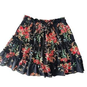 Nashalyly Tiered Floral Skirt Women's M Black Red Lined‎ Boho